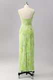 Green Sheath Spaghetti Straps Floral Sequin Formal Dress with Beading