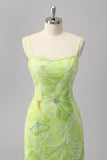 Green Sheath Spaghetti Straps Floral Sequin Formal Dress with Beading