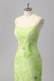Green Sheath Spaghetti Straps Floral Sequin Formal Dress with Beading