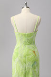 Green Sheath Spaghetti Straps Floral Sequin Formal Dress with Beading