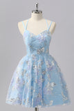 Cute Blue A-Line Spaghetti Straps Beaded Homecoming Dress with Sequins