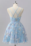 Cute Blue A-Line Spaghetti Straps Beaded Homecoming Dress with Sequins