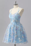 Cute Blue A-Line Spaghetti Straps Beaded Homecoming Dress with Sequins