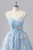Cute Blue A-Line Spaghetti Straps Beaded Homecoming Dress with Sequins