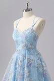 Cute Blue A-Line Spaghetti Straps Beaded Homecoming Dress with Sequins