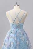 Cute Blue A-Line Spaghetti Straps Beaded Homecoming Dress with Sequins