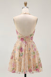Champagne Halter A-Line Mini Homecoming Dress with Sequins