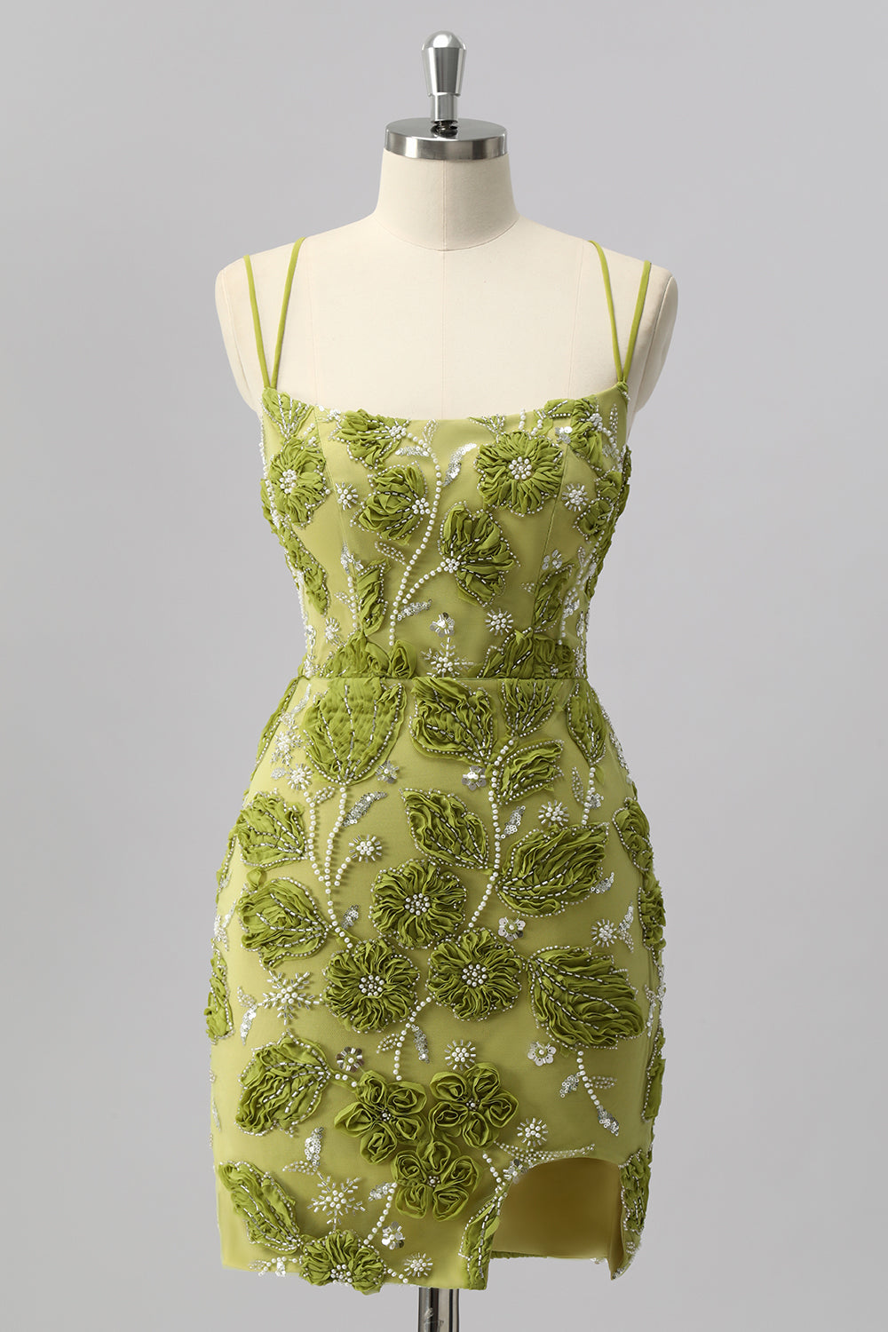 WEDTREND Women Tight Green Homecoming Dress with 3D Flowers Spaghetti Straps Lace Up Back Short Cocktail Dress with Slit WEDTREND Women Tight Green Homecoming Dress with 3D Flowers Spaghetti Straps Lace Up Back Short Cocktail Dress with Slit