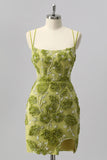 Green Spaghetti Straps Beaded Tight Homecoming Dress with 3D Flowers