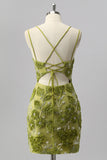 Green Spaghetti Straps Beaded Tight Homecoming Dress with 3D Flowers