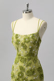 Green Spaghetti Straps Beaded Tight Homecoming Dress with 3D Flowers