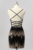 Black Bodycon Spaghetti Straps Lace Up Back Beaded Homecoming Dress with Sequins