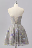 Grey A-Line Strapless Beaded Short Homecoming Dress with Embroidery