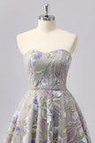 Grey A-Line Strapless Beaded Short Homecoming Dress with Embroidery