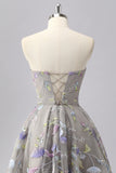 Grey A-Line Strapless Beaded Short Homecoming Dress with Embroidery