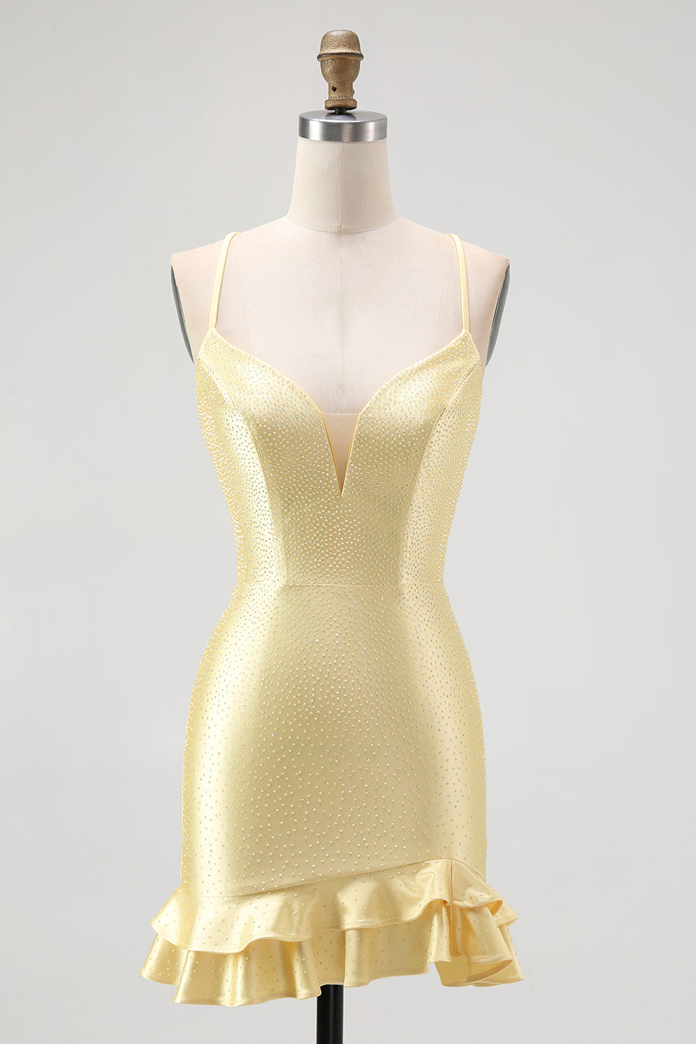 WEDTREND Women Yellow Bodycon Homecoming Dress with Lace Up Back Beaded Spaghetti Straps Ruffled Cocktail Dress WEDTREND Women Yellow Bodycon Homecoming Dress with Lace Up Back Beaded Spaghetti Straps Ruffled Cocktail Dress
