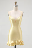 Yellow Spaghetti Straps Ruffled Beaded Bodycon Homecoming Dress with Lace Up Back