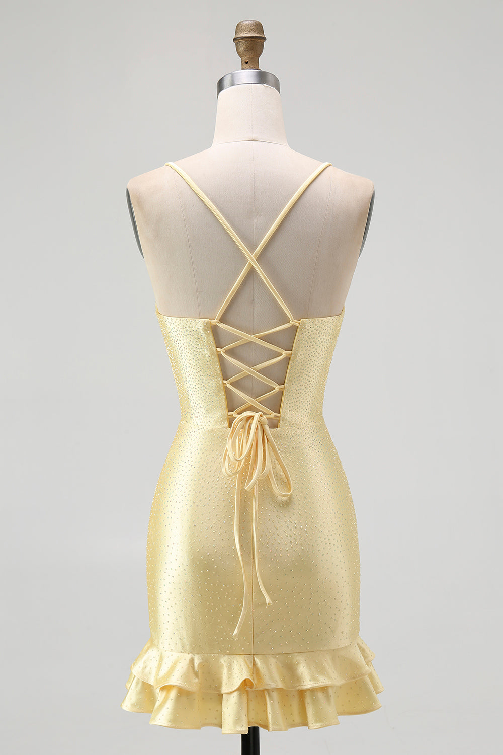 WEDTREND Women Yellow Bodycon Homecoming Dress with Lace Up Back Beaded Spaghetti Straps Ruffled Cocktail Dress WEDTREND Women Yellow Bodycon Homecoming Dress with Lace Up Back Beaded Spaghetti Straps Ruffled Cocktail Dress