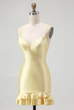 Yellow Spaghetti Straps Ruffled Beaded Bodycon Homecoming Dress with Lace Up Back