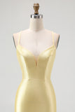 Yellow Spaghetti Straps Ruffled Beaded Bodycon Homecoming Dress with Lace Up Back