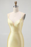 Yellow Spaghetti Straps Ruffled Beaded Bodycon Homecoming Dress with Lace Up Back