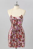Red Flower Sequins Bodycon Spaghetti Straps Homecoming Dress with Lace Up Back