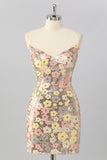 Yellow Flower Bodycon Sequins Spaghetti Straps Homecoming Dress with Lace Up Back