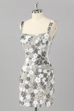 Sparkly Silver Bodycon Square Neck Sequins Short Homecoming Dress