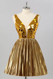 Sparkly Golden A-Line Metallic Backless Short Homecoming Dress with Mirrors