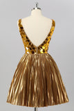 Sparkly Golden A-Line Metallic Backless Short Homecoming Dress with Mirrors