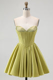 Green A-Line Sweetheart Corset Bowed Corset Homecoming Dress with Ruffles