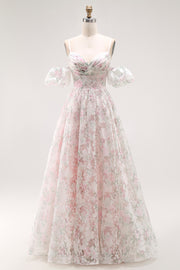 Blush Flower A-Line Cold Shoulder Long Prom Dress with Lace Up Back
