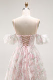 Blush Flower A-Line Cold Shoulder Long Prom Dress with Lace Up Back