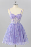 Cute Purple A-Line Spaghetti Straps Sheer Corset Homecoming Dress