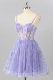 Cute Purple A-Line Spaghetti Straps Sheer Corset Homecoming Dress