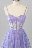 Cute Purple A-Line Spaghetti Straps Sheer Corset Homecoming Dress