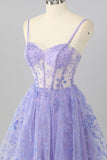 Cute Purple A-Line Spaghetti Straps Sheer Corset Homecoming Dress