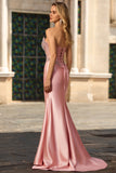 Sparkly Blush Mermaid Strapless Sheer Corset Rhinestone Long Prom Dress with Slit