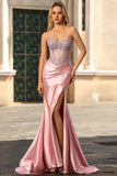 Sparkly Blush Mermaid Strapless Sheer Corset Rhinestone Long Prom Dress with Slit