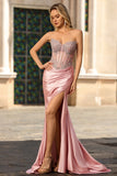 Sparkly Blush Mermaid Strapless Sheer Corset Rhinestone Long Prom Dress with Slit