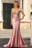 Sparkly Blush Mermaid Strapless Sheer Corset Rhinestone Long Prom Dress with Slit