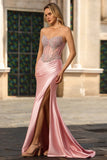 Sparkly Blush Mermaid Strapless Sheer Corset Rhinestone Long Prom Dress with Slit