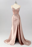 Sparkly Blush Mermaid Spaghetti Straps Ruched Streamer Beaded Prom Dress with Slit