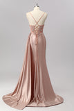 Sparkly Blush Mermaid Spaghetti Straps Ruched Streamer Beaded Prom Dress with Slit