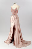 Sparkly Blush Mermaid Spaghetti Straps Ruched Streamer Beaded Prom Dress with Slit