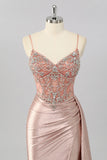 Sparkly Blush Mermaid Spaghetti Straps Ruched Streamer Beaded Prom Dress with Slit