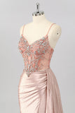 Sparkly Blush Mermaid Spaghetti Straps Ruched Streamer Beaded Prom Dress with Slit