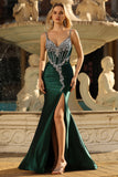 Sparkly Dark Green Mermaid Beaded Corset Lace Up Back Long Prom Dress with Slit