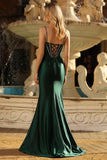 Sparkly Dark Green Mermaid Beaded Corset Lace Up Back Long Prom Dress with Slit