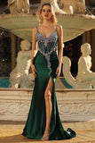 Sparkly Dark Green Mermaid Beaded Corset Lace Up Back Long Prom Dress with Slit
